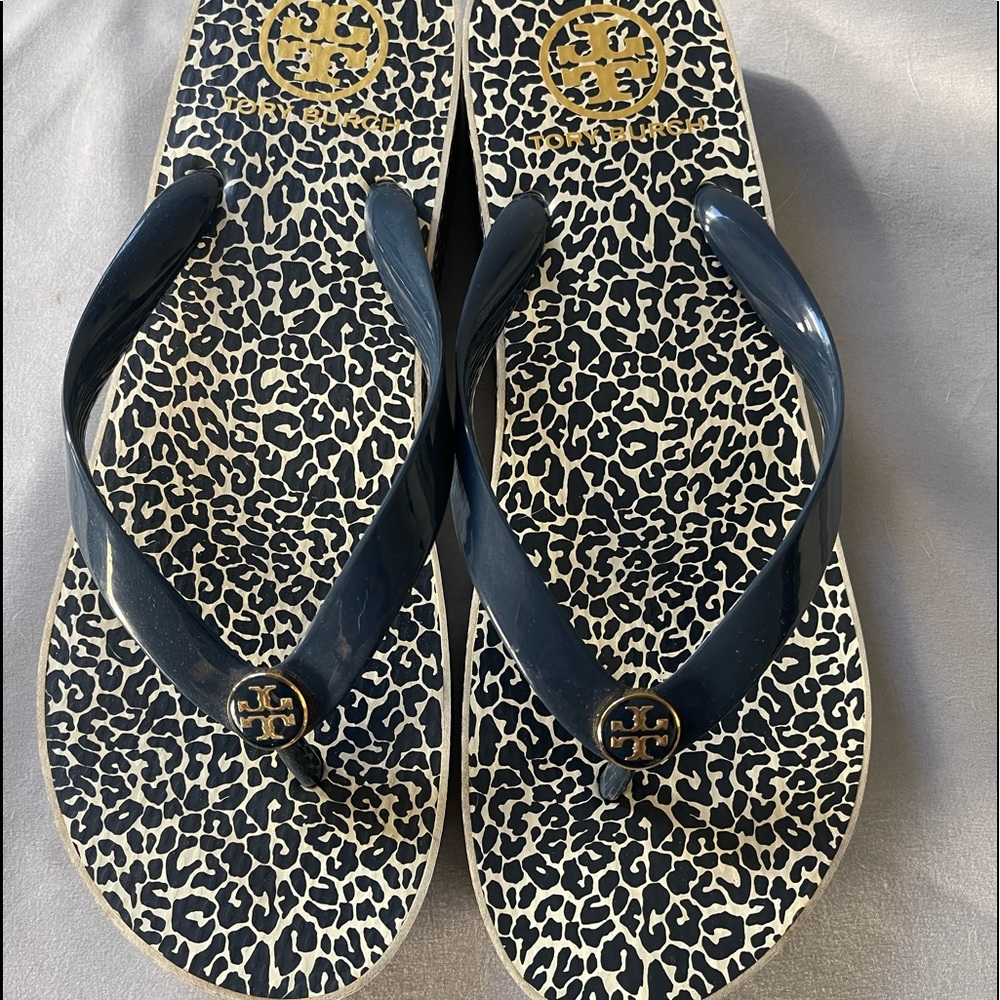 Tory Burch Wedge Flip Flops, Blue/ White color, Size 9